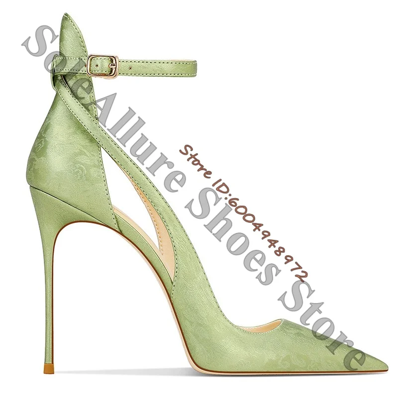 Satin Floral Jacquard Cutout Pumps Gold Buckle Thin Ankle Strap Pointed Toe Shoes Ultra Thin Spike Stiletto Formal Party Sandals