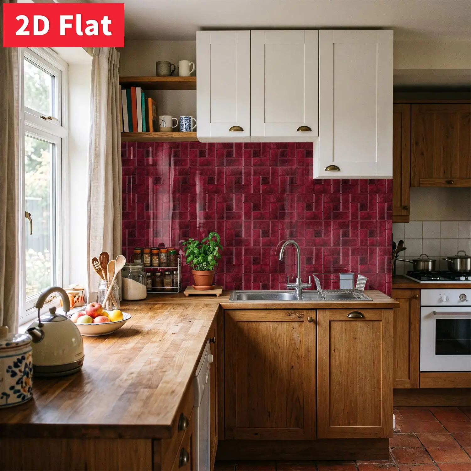 Deep Burgundy Red Square Tile Sticker 11.81x5.91 inch Self Adhesive HD Pattern Bathroom Backsplash Sticker