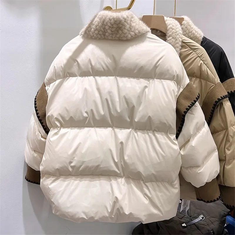 2024 New Winter Parkas V-Neck Splicing Dial Buckle Down Padded Jacket Women Fashion Short Thin Bread Cotton Clothes Female B498