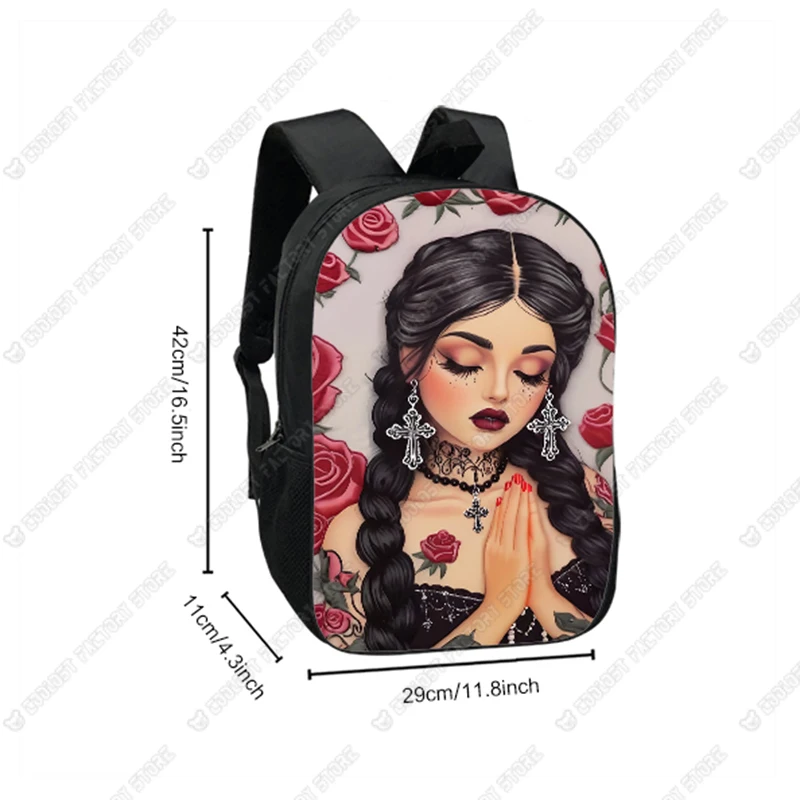 Cartoon Gothic Girl Prayer Print Backpack Christian Prayer Blessing School Bag for Teenager Women Rucksack Laptop Book Bag