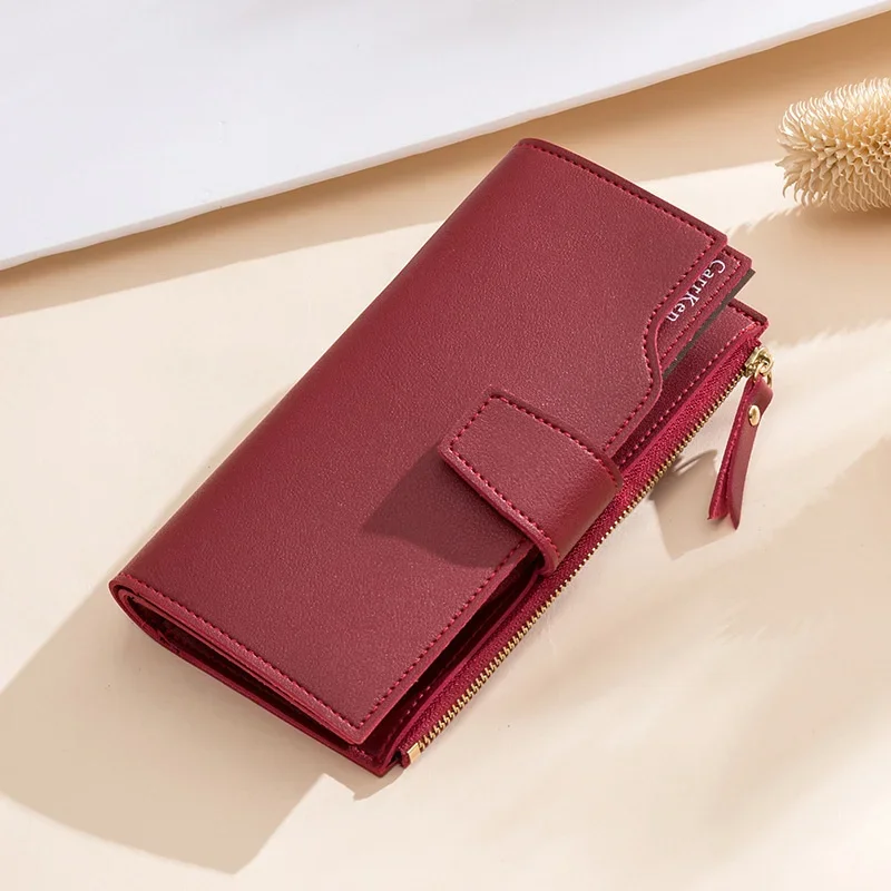 Dompet wanita warna solid sederhana versi Korea multifungsi kapasitas besar dompet lipat tiga dengan ritsleting dan gesper tas genggam PU.