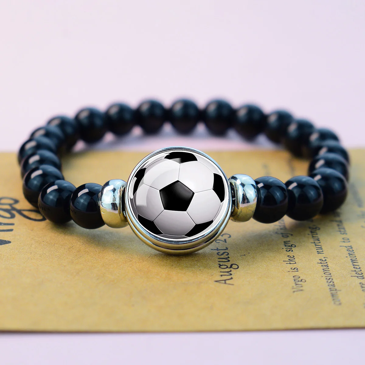 1PC Black Glass Beaded Stretch Bracelet, Football Basketball Volleyball Sports Ball Photo Charm Bracelet Gifts for Fans