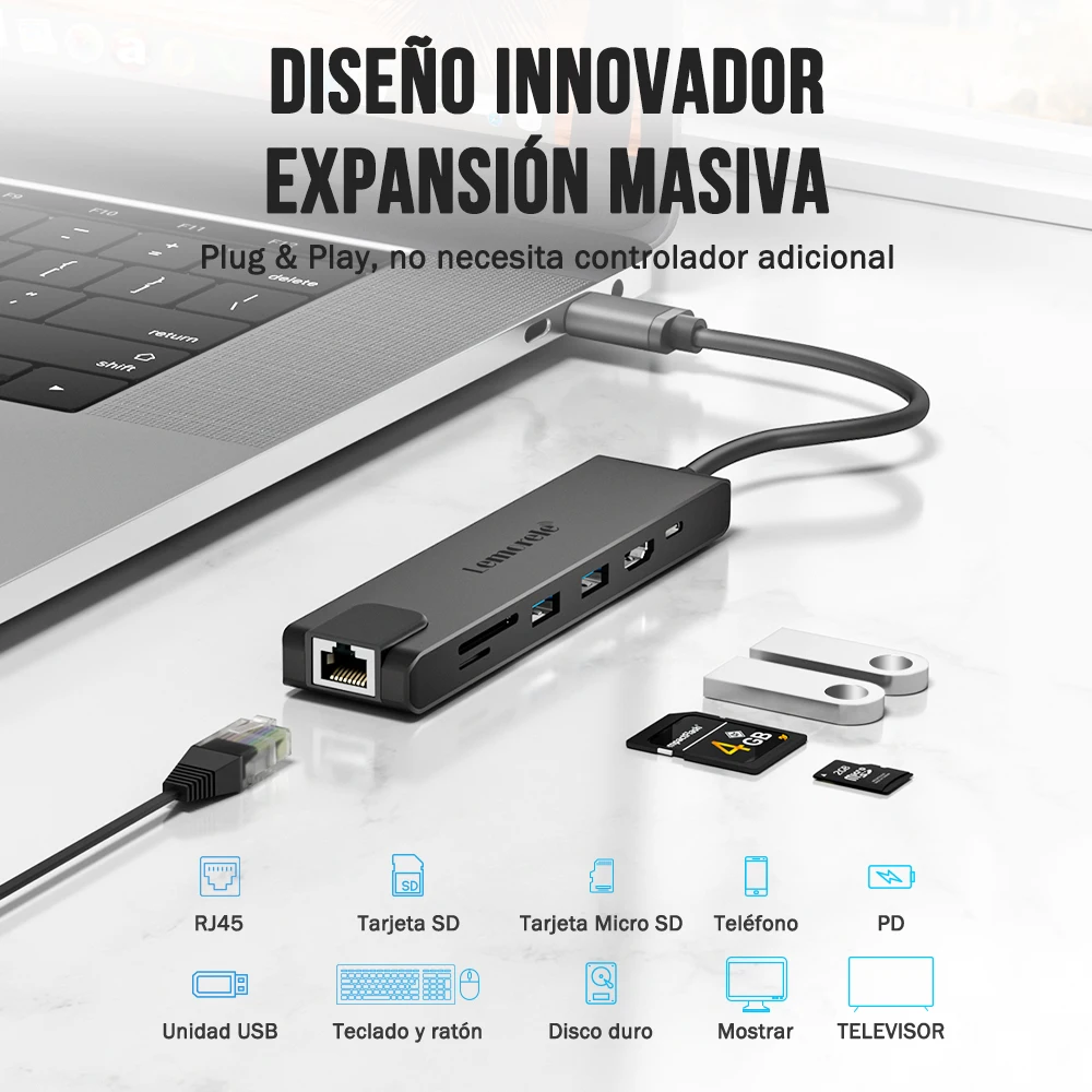 Lemorele USB C Docking Station 7-em-1 Link 4K 30Hz HDMI Display HUB PD100W Gigabit RJ45 SD e TF para PC Laptop TV Projetor Tablet