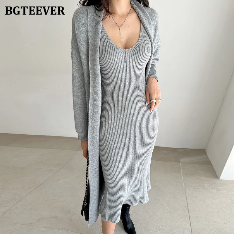 BGTEEVER Elegant Ladies Knitted Dress Set Long Knitted Cardigans Women V-neck Bodycon Sweater Dress Autumn Winter