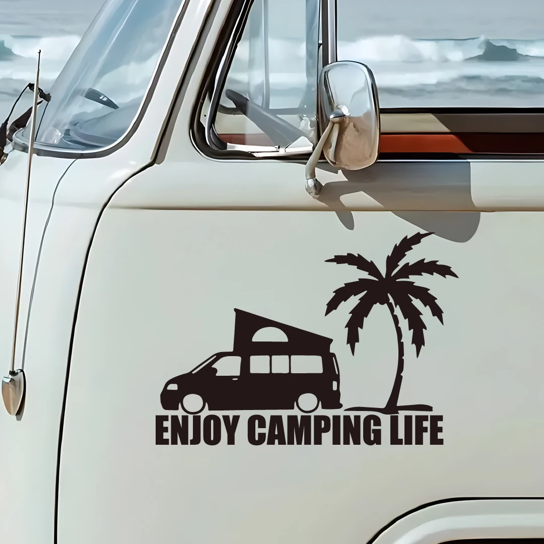 Enjoy camping life Palm Tree Car Sticker, Decorative Car Stickers, Vinyl Adhesive Window Stickers, Car Windshield Appliques