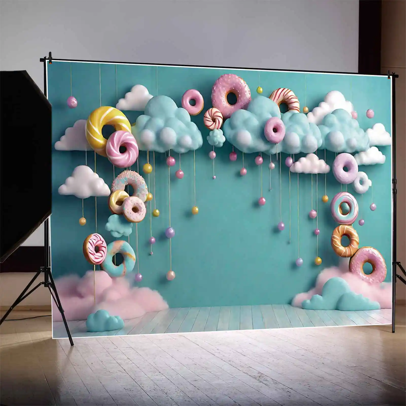 MOON.QG Fairy One Birthday 1 Year Doughnut Clouds Backdrop Baby Candyland Candy Bar Party Background Children Photography Props