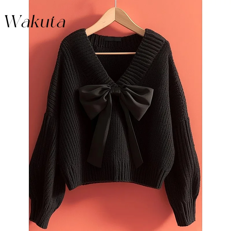 WAKUTA Fall Classic V-neck Long-sleeved Black Pullovers Fashion Bow Decorative Loose Simple Versatile Knitted Sweaters 여성 반팔 니트