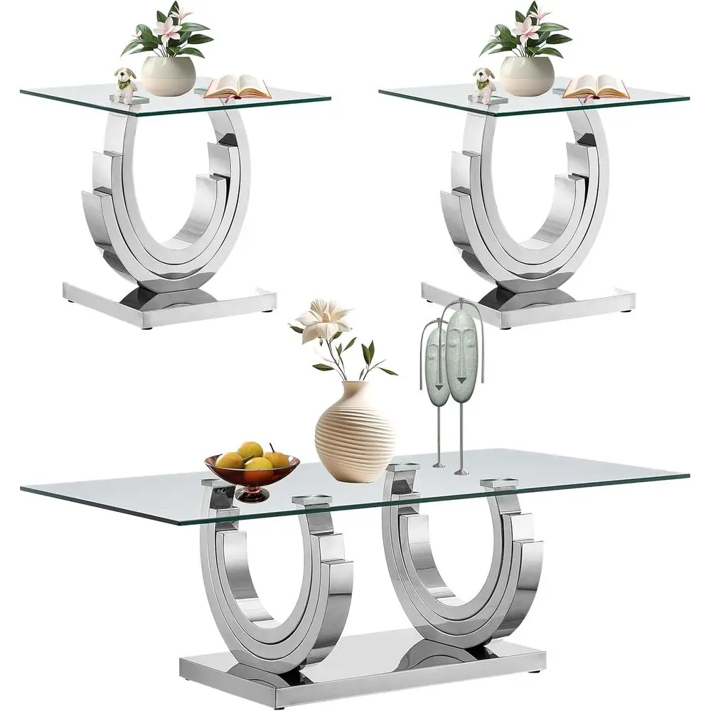

3-Piece Glass Coffee Table Set with 55 Rectangle and 2 Square End Tables, Silver Living Room with Geometric Stainless Steel Base