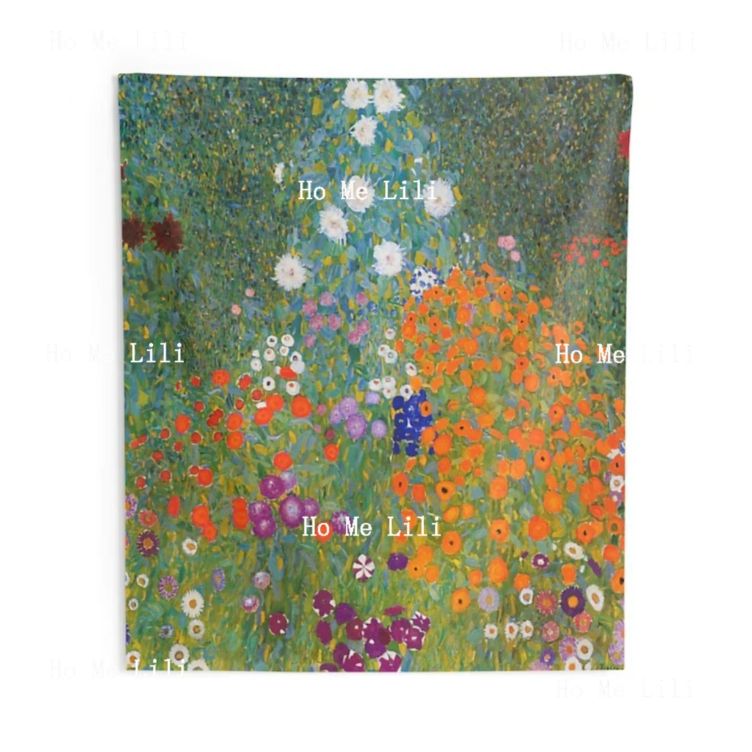 Gustav Klimt Tapestry Garden Painting Bohemian Wall Hanging Bright Happy Summer Sprint Meadow Floral Boho Bedroom Dorm