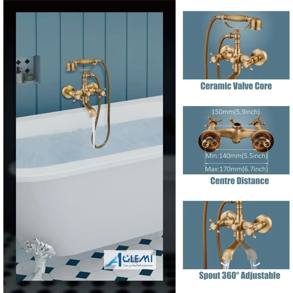 صنبور حوض استحمام مثبت على الحائط من النحاس العتيق مع بخاخ محمول، مقبض متقاطع مزدوج، صنبور دوار، خلاط دش لترادي