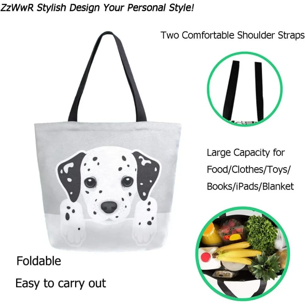 Cute Cartoon Dalmatian Dog Extra Large Canvas Shoulder Tote Top Storage Handle Bag for Gym Beach Weekender Travel Shopping