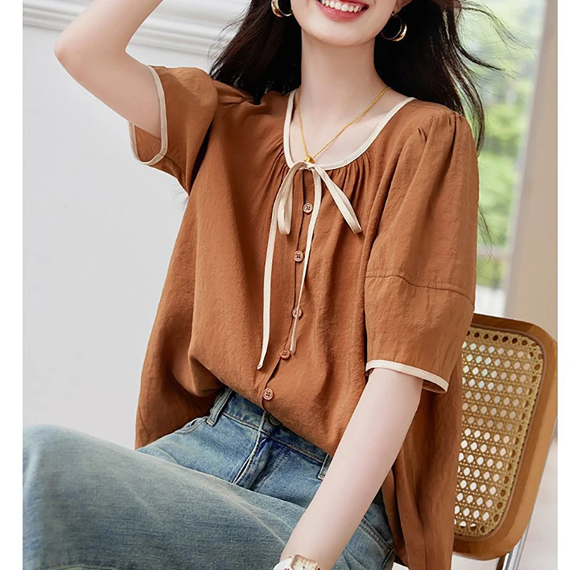 موضة س الرقبة تقسم الكورية الدانتيل يصل القوس القمصان الملابس النسائية 2025 صيف جديد فضفاض بلون كل مباراة بلايز بلوزات غير رسمية