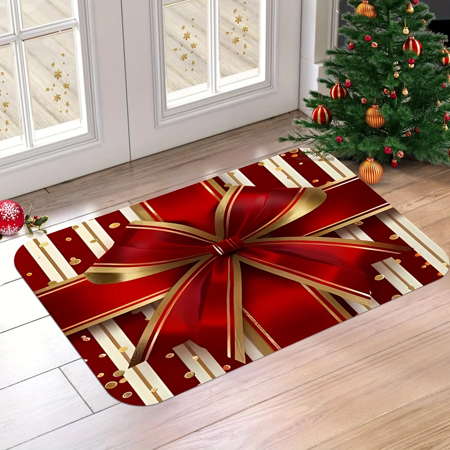 Luxury Ribbon Bowknot Doormat Red Gold Stripe Area Rugs Living Room Xmas Gift Box Carpet Porch Entrance Floor Mat