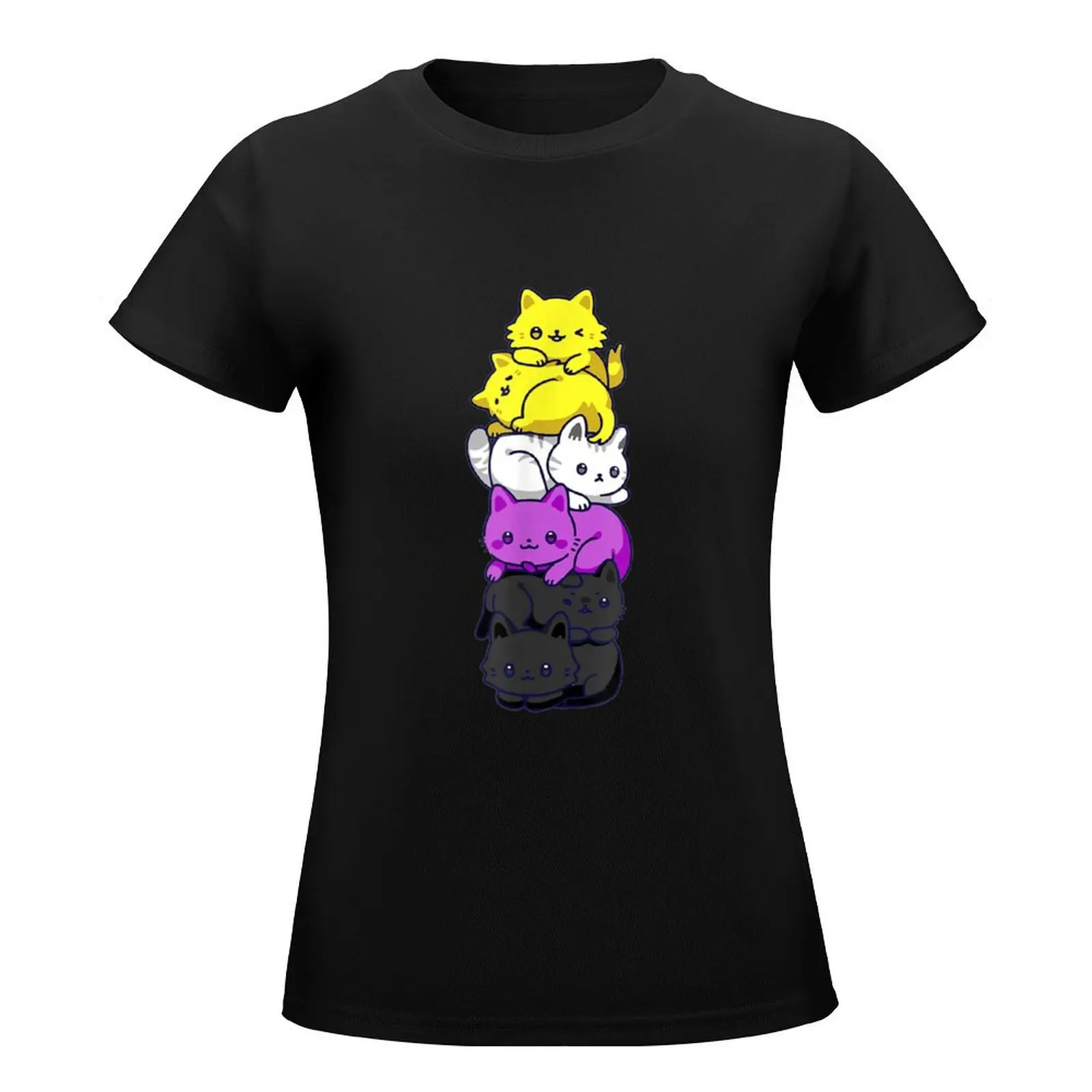 Nonbinary Pride Cat LGBT Non Binary Flag Cute Cats Pile T-Shirt cute tops anime clothes new edition t shirts for Women