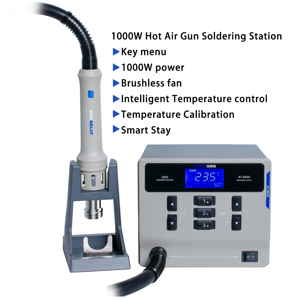 ATTEN ST-862D 1000W Hot Air Gun Soldering Station Digital Display BGA Rework Station Automatic Sleep For Phone PCB Chip Repair