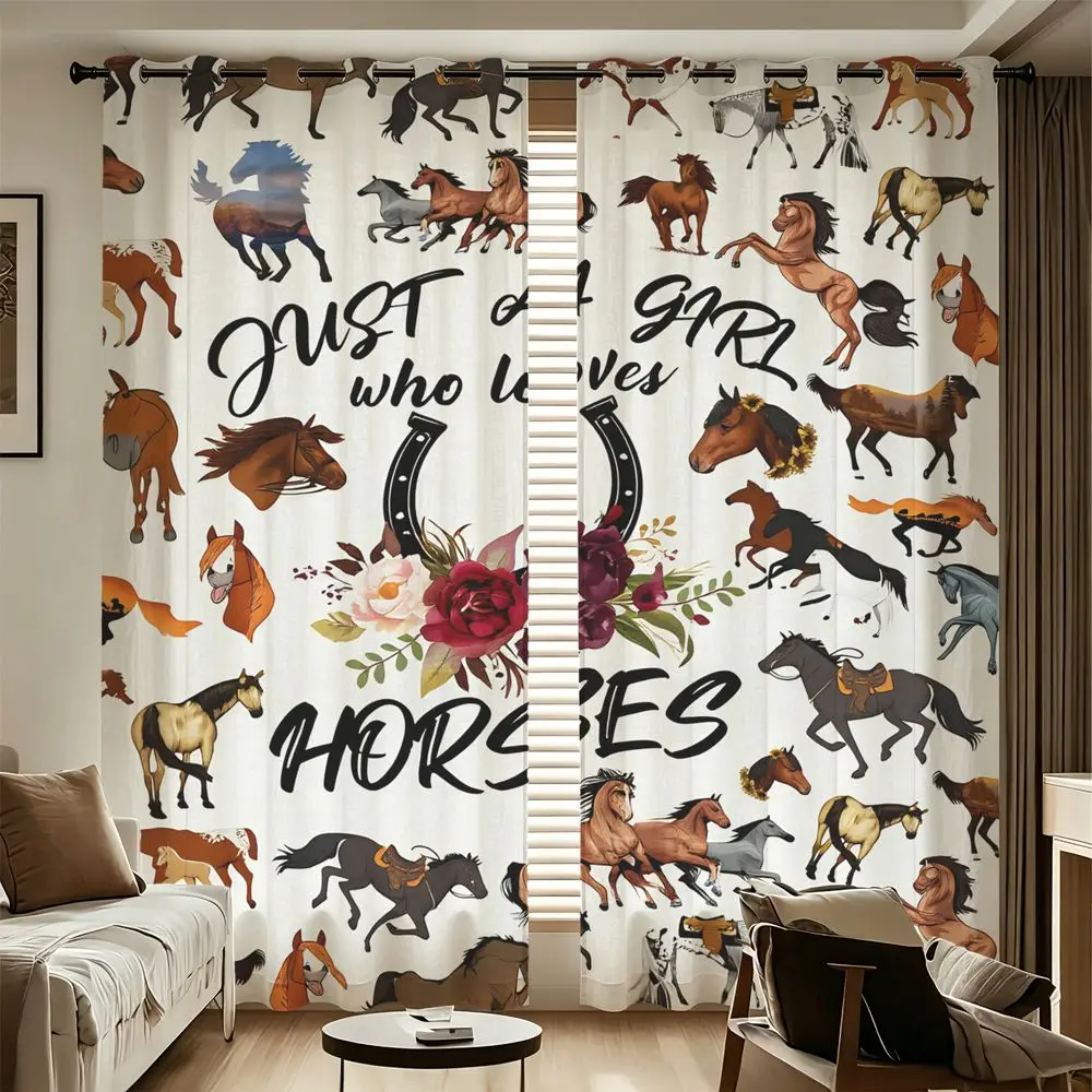 Western Horse Floral Printed Curtains 2 Panels Light Blocking Rate 85% Darkening Decoration Curtains Cowgirl Living Curtain
