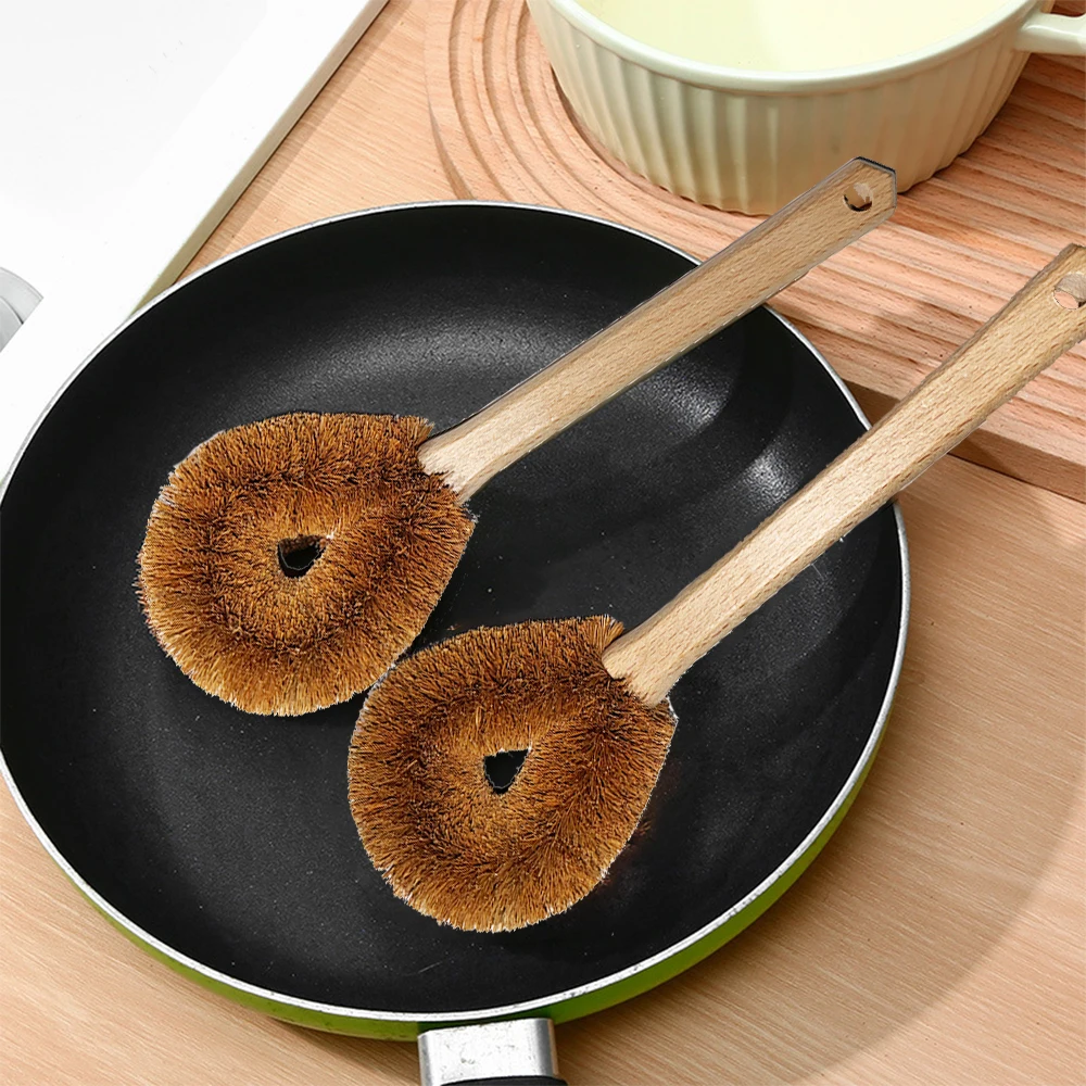 Escova de prato de fibra de coco ecológica com alça de bambu, purificador de pote durável para panelas antiaderentes, ferramenta de limpeza de cozinha e banho
