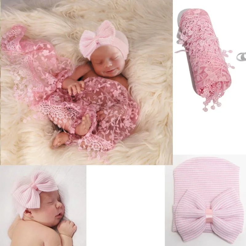 

Baby Photo Prop Bundle - Delicate Lace Triangle Swaddle & Beanie Cap Set - Newborn Milestone Photography (Machine Washable)