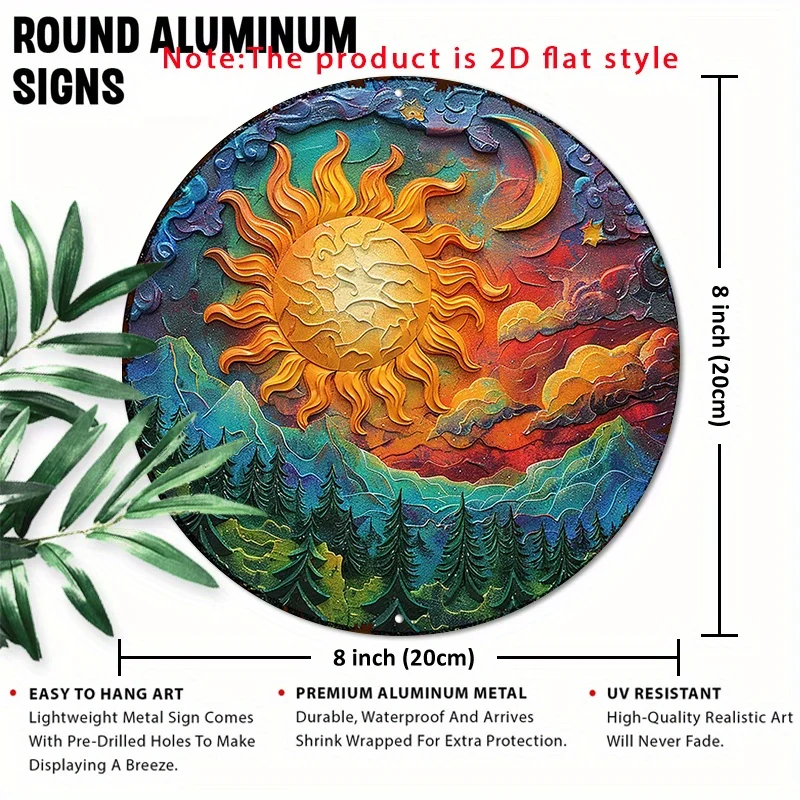 

Устойчивый к ультрафиолетовому излучению алюминиевый настенный рисунок «Солнце и Луна» — 8-дюймовый круглый водонепроницаемый металлический знак с предварительно просверленными отверстиями для легкого подвешивания