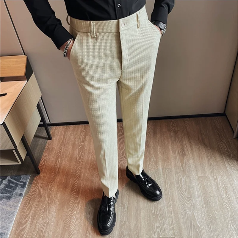 Men\'s Waffle Casual Pants Fashion Korean Stretch Waist Business Formal Pants Mens Social Party Suit Pants Streetwear Pencil Pant