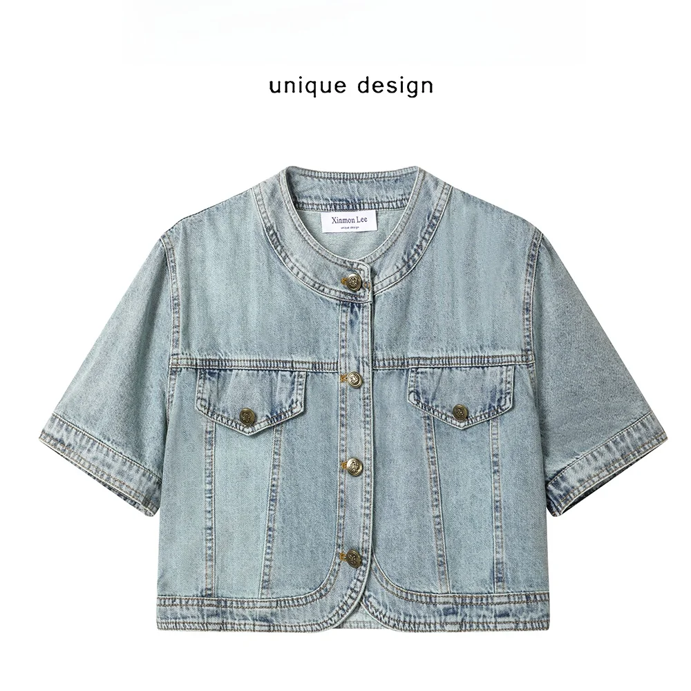 

Xinmon2025 Summer New Retro round Ne ort Sve Loose Jeans Jaet Women's Faionable ort Coat Casual Commute Sle