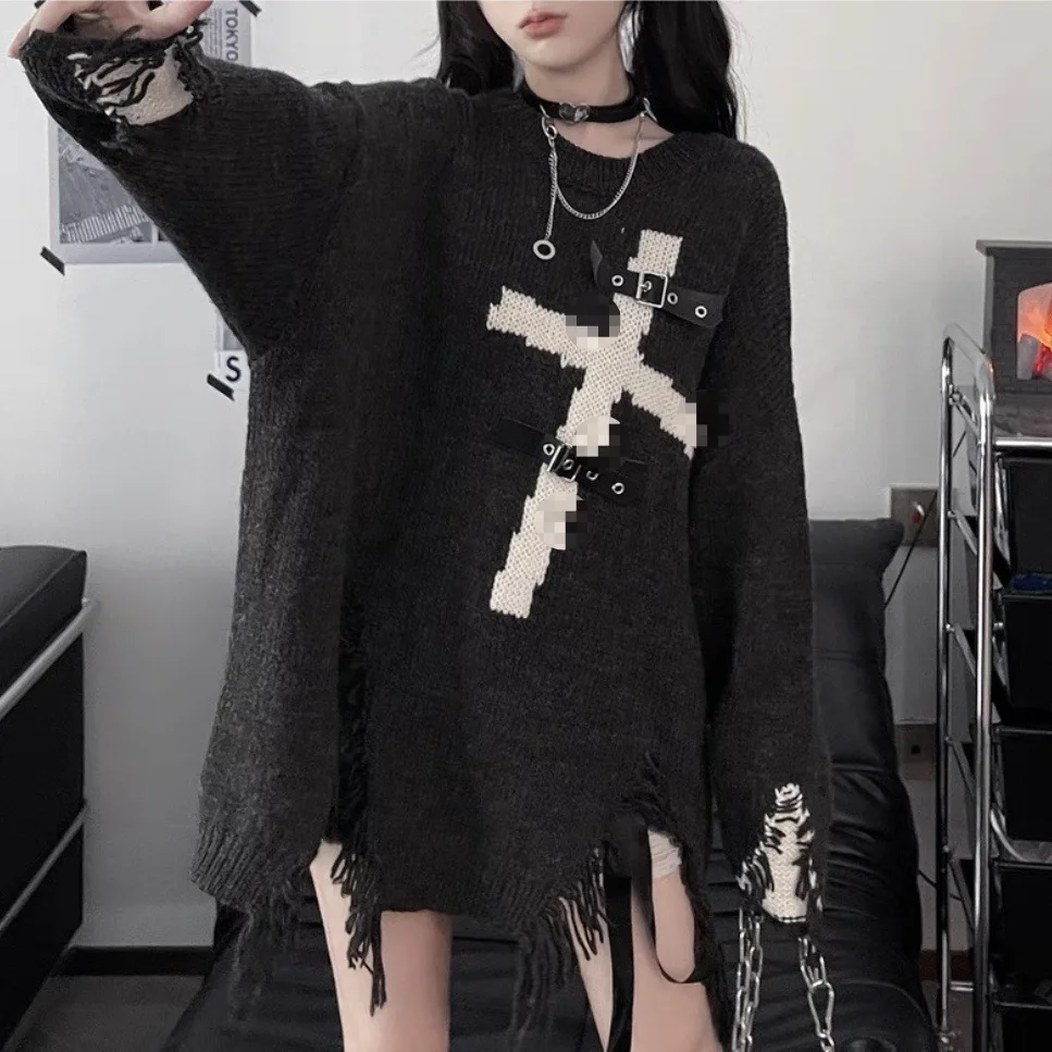 Grey Sweaters Gothic Oversize Subculture Punk Dark Cross Loose Knit Womens Sweater Pullovers Popular Trend Girls Cardigan