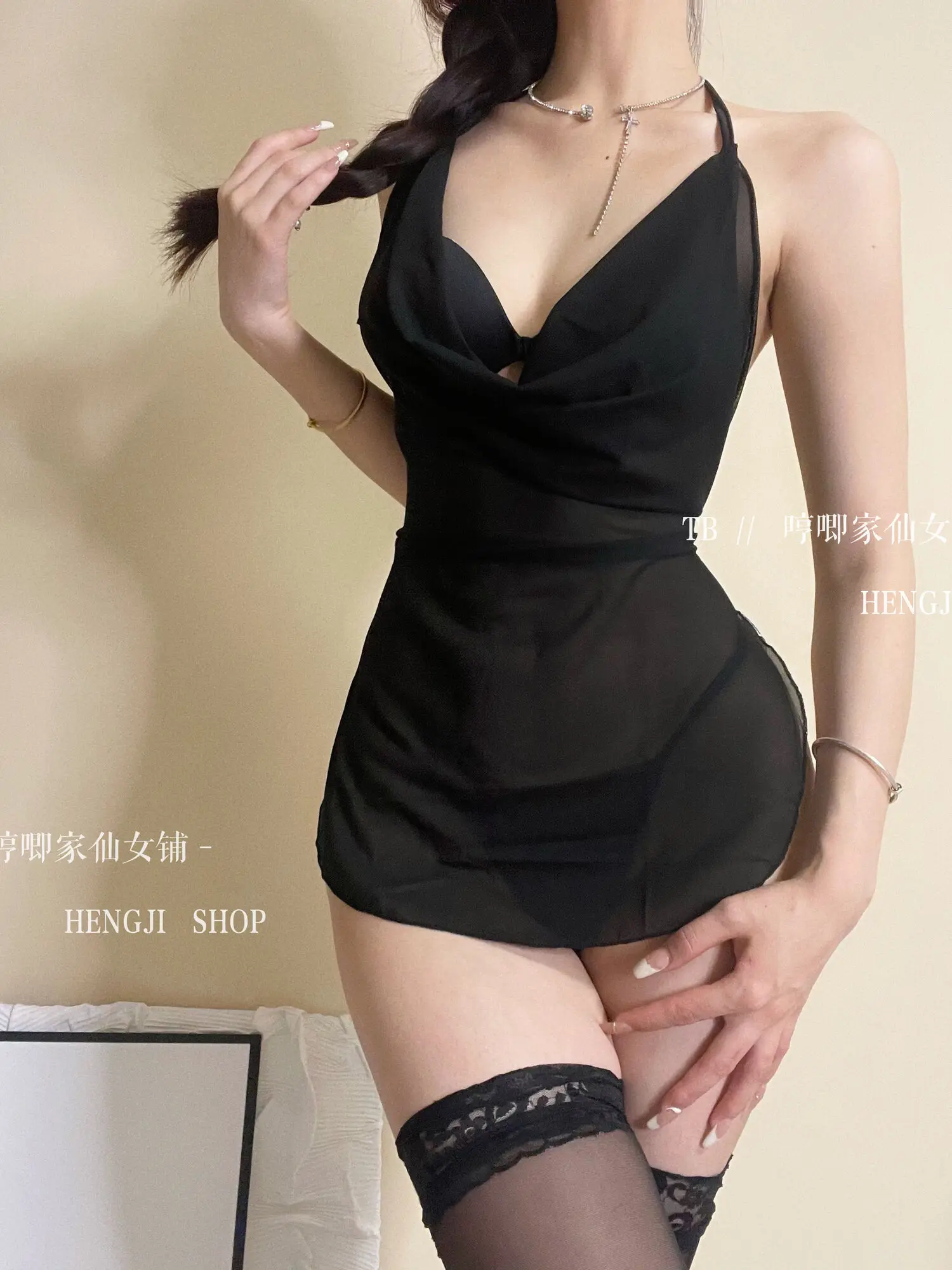 WOMENGAGA Fairy Tops Cosplay Sexy Large Backless Mesh Lace Mini Tank Dress Transparent Halter Neck Girl Hot Sexy Korean VEM2