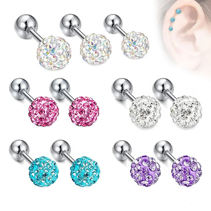 1pair/2pcs 3 4 5mm Crystal Ball Earrings Surgical Steel Ear Plugs Eyebrow Piercings Women\'s Ear Studs Screw Percing Body Jewelry