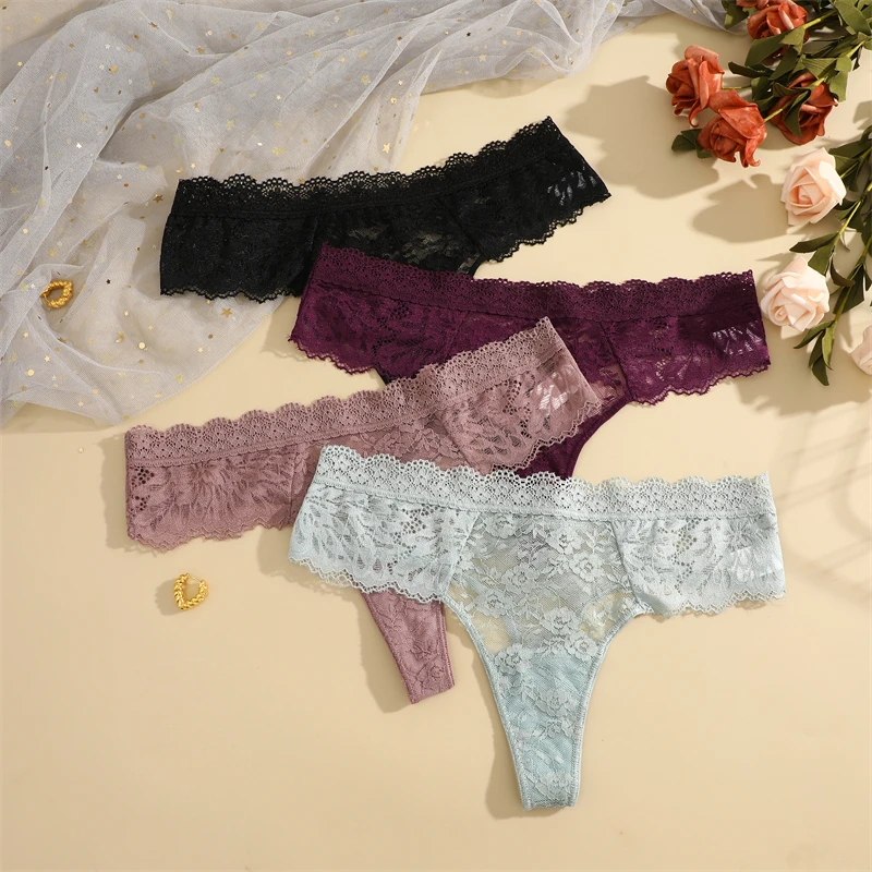 FINETOO 3Pcs Women Lace Hollow Out Underwear Sexy Floral Print Panties Female Solid Low-Waist Thong Breathable G-string Lingerie