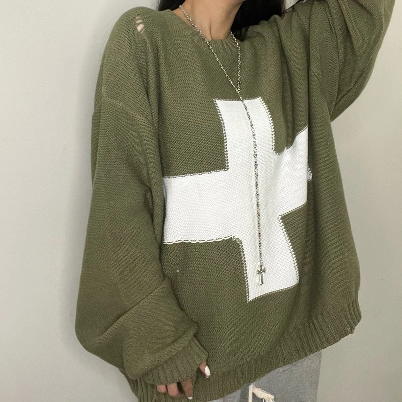 2025 KAPITAL cross broken holes round neck knit sweater fall and winter retro pullover loose long-sleeved sweater