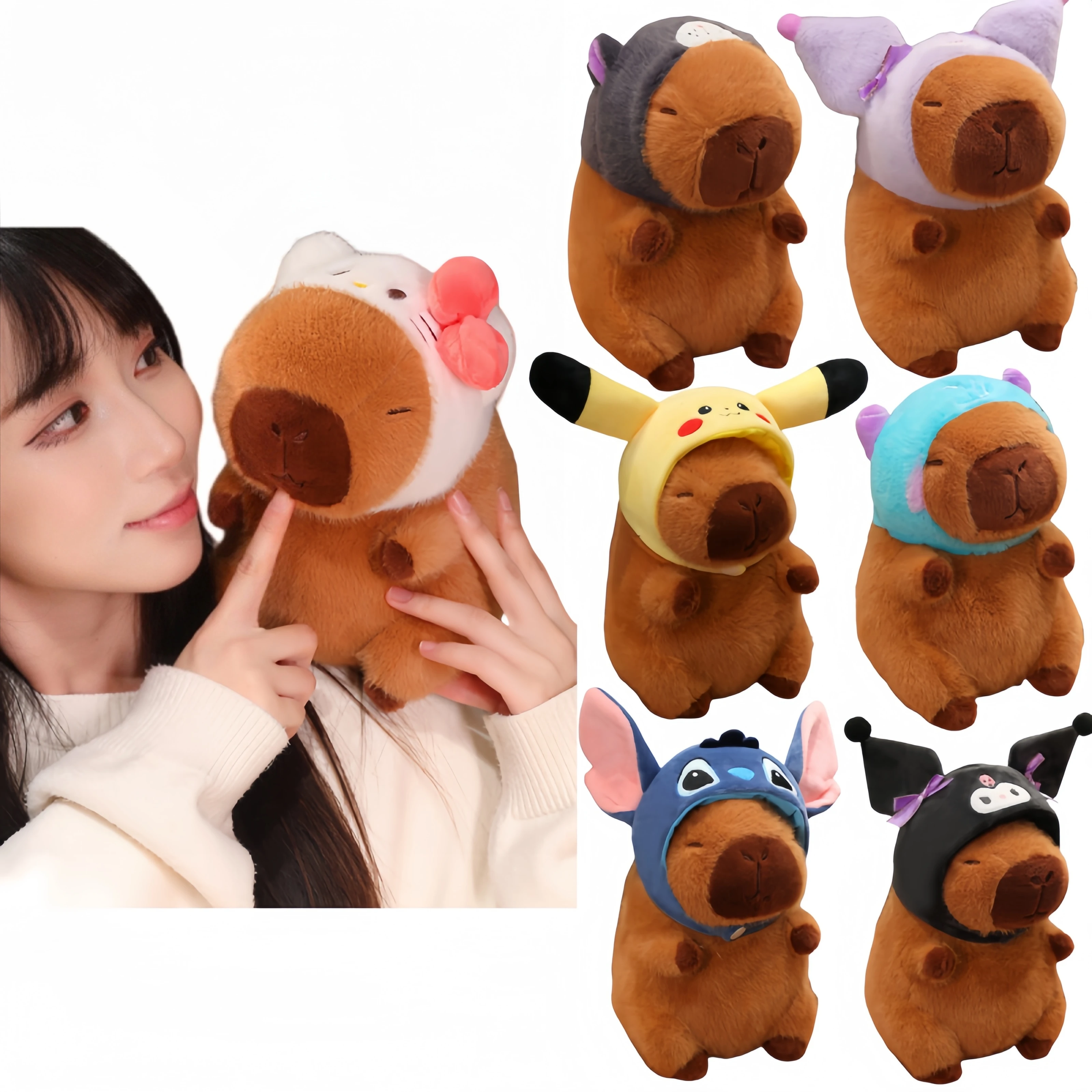 Cute Sanrio Capybara Plush Toy Stitch Pikachu Anime Hello Kitty Kuromi Lucifer Cat Stuffed Doll Capybara Wear Clothe Kids Gift