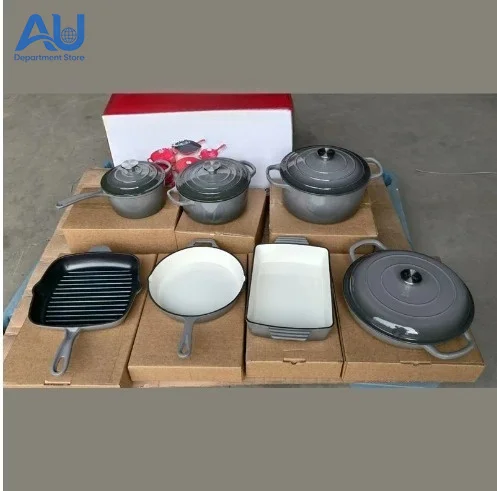 7-Piece Cast Iron Enamel Dutch Oven Set Kitchen Casserole Soup Stock Pots Pans Cookware