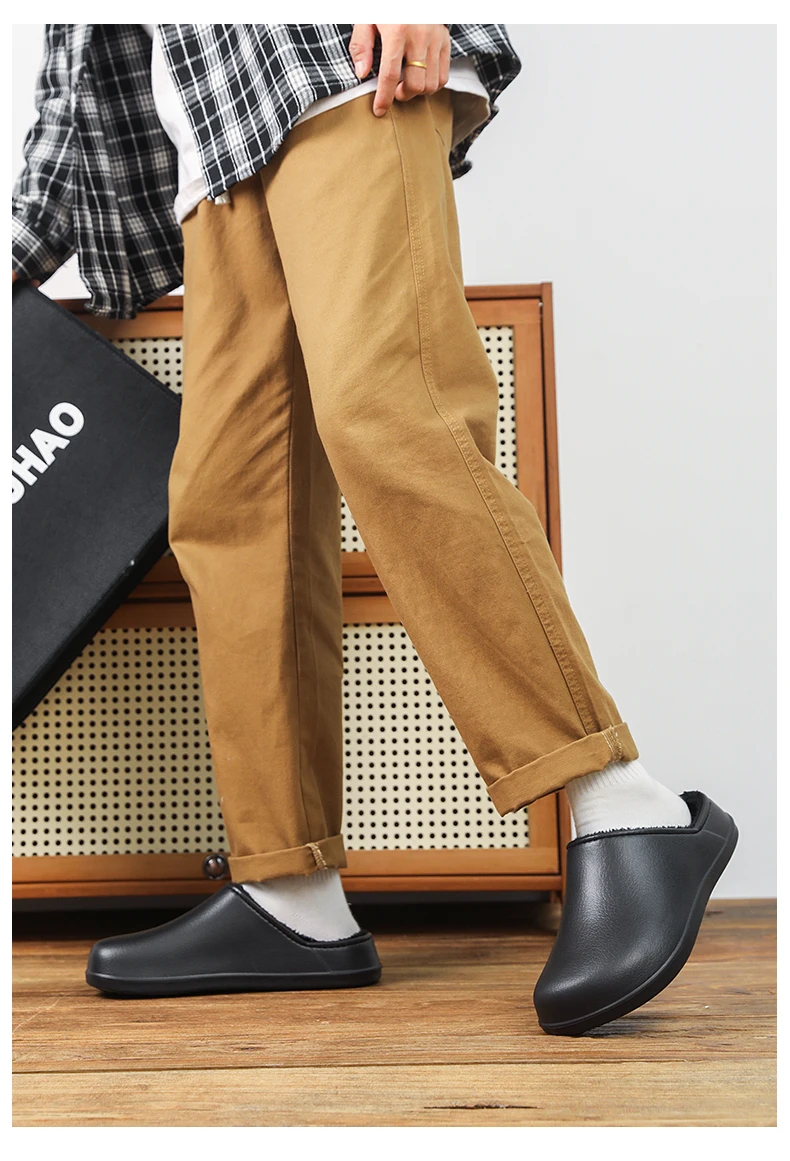 Winter männer Baumwolle Schuhe Anti-slip Weichen Boden Leder Oberfläche Paar Wasserdichte Innen Warme Fleece Bequeme Baumwolle Hausschuhe – Detail 14