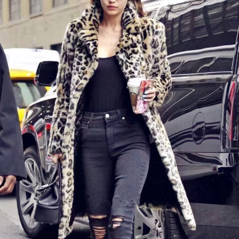 Fluffy Faux Fur Coat Women Winter Long Oversized Leopard Print Warm Soft Jacket Lapel Loose Fashion Cardigan Faux Fur Coat