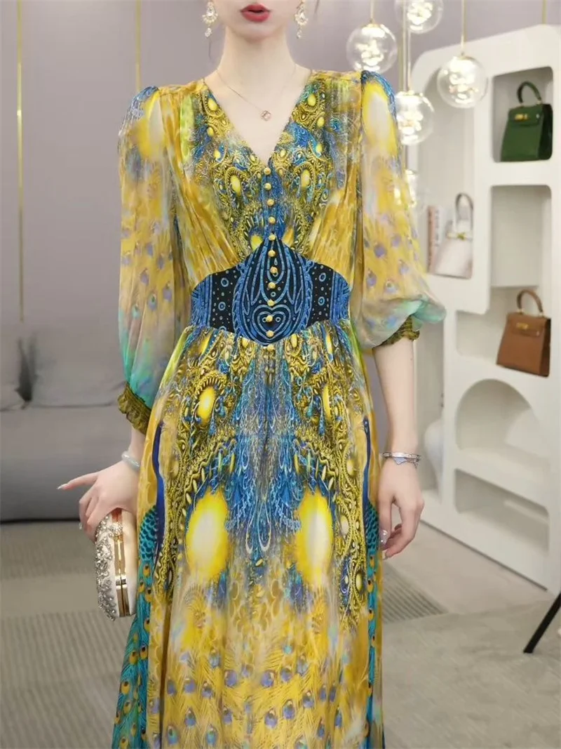 

Peacock Print V-Neck Dress 2025 Summer New High-End Fashion Elegant Fresh Long Dress With Luxury Dresses Party A-Line Dress Yell