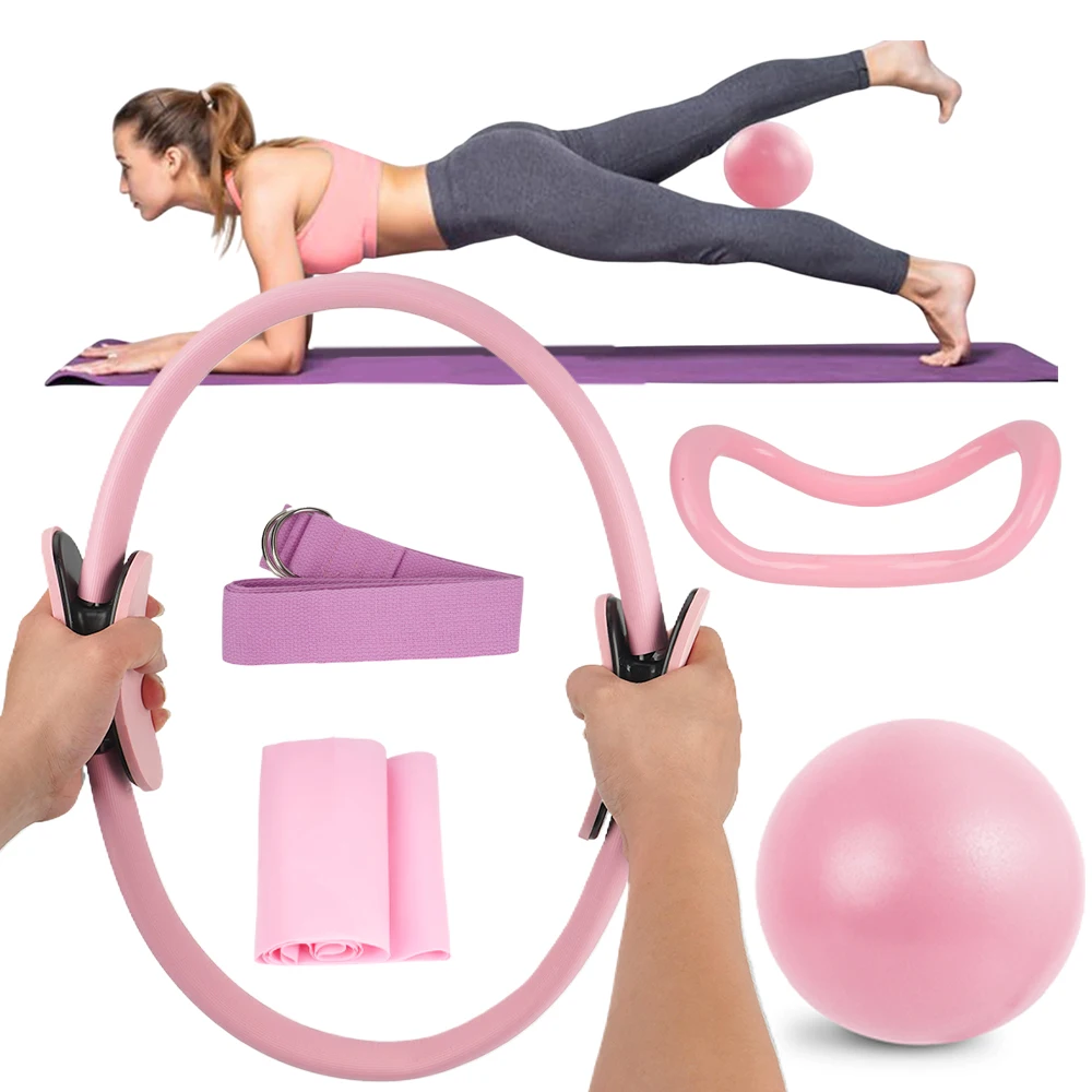 Ensemble d'anneaux de Pilates avec bande de résistance, ceinture de yoga pour femmes, kit d'entraînement complet pour le corps entier, pour la mise en forme, le tonification, la force musculaire, l'équilibre, la flexibilité, accessoires d'exercice antidérapants et durables pour la maison, la salle de sport, le fitness.