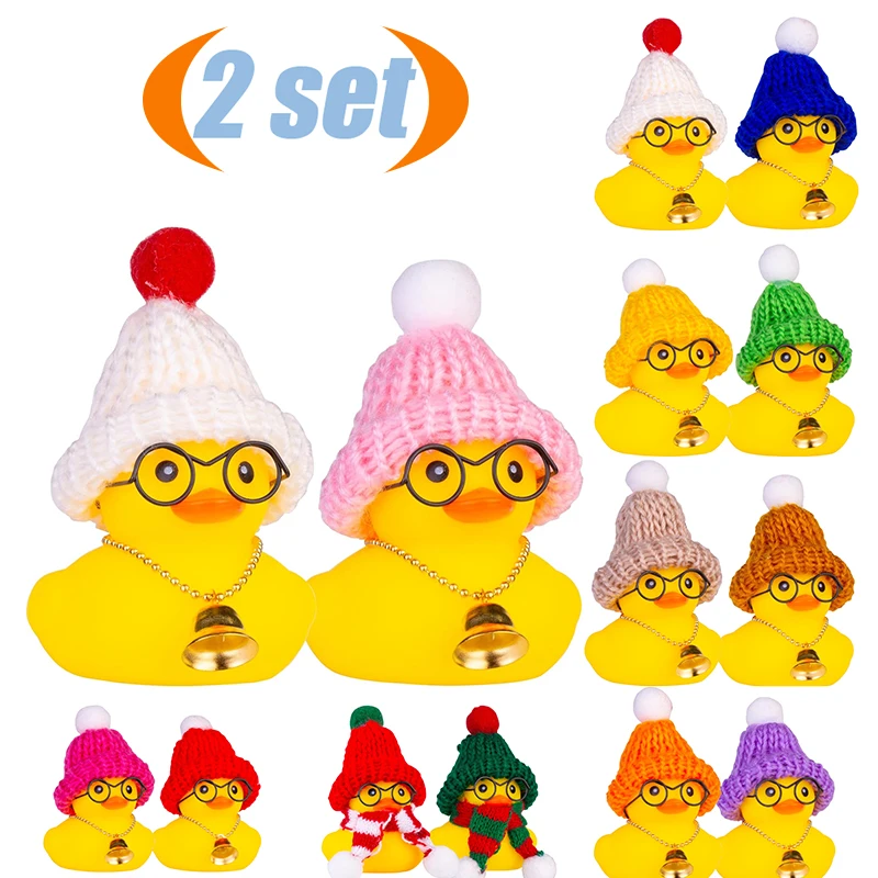 2 Pack Car Ducks Rubber Duck Dashboard Decoration Winter Ducks Car Ornaments Accessories with Mini Beanie Hats, Necklaces and Su