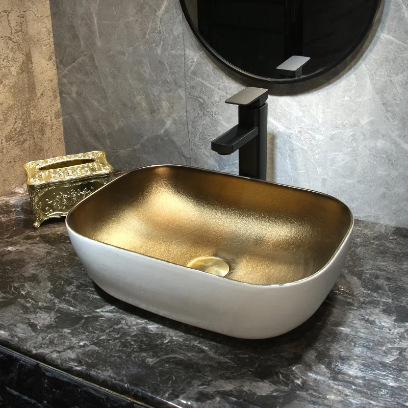 

Ceramic cream wind table basin, gold wash basin, white simple washbasin, high-end household bathroom wash basin