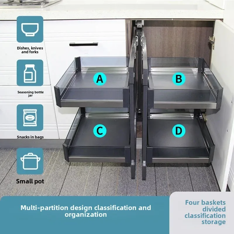 Corner pull basket, kitchen cabinet storage rack, storage rack, corner aluminum rotating small monster fully pulled out