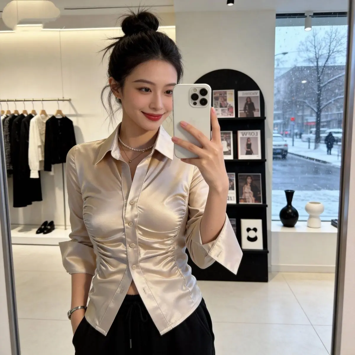 

Spring Autumn New Sle Korean Version Elegance High Sense Silk Casual Hong Wind Slimming Long Sve Women's irt