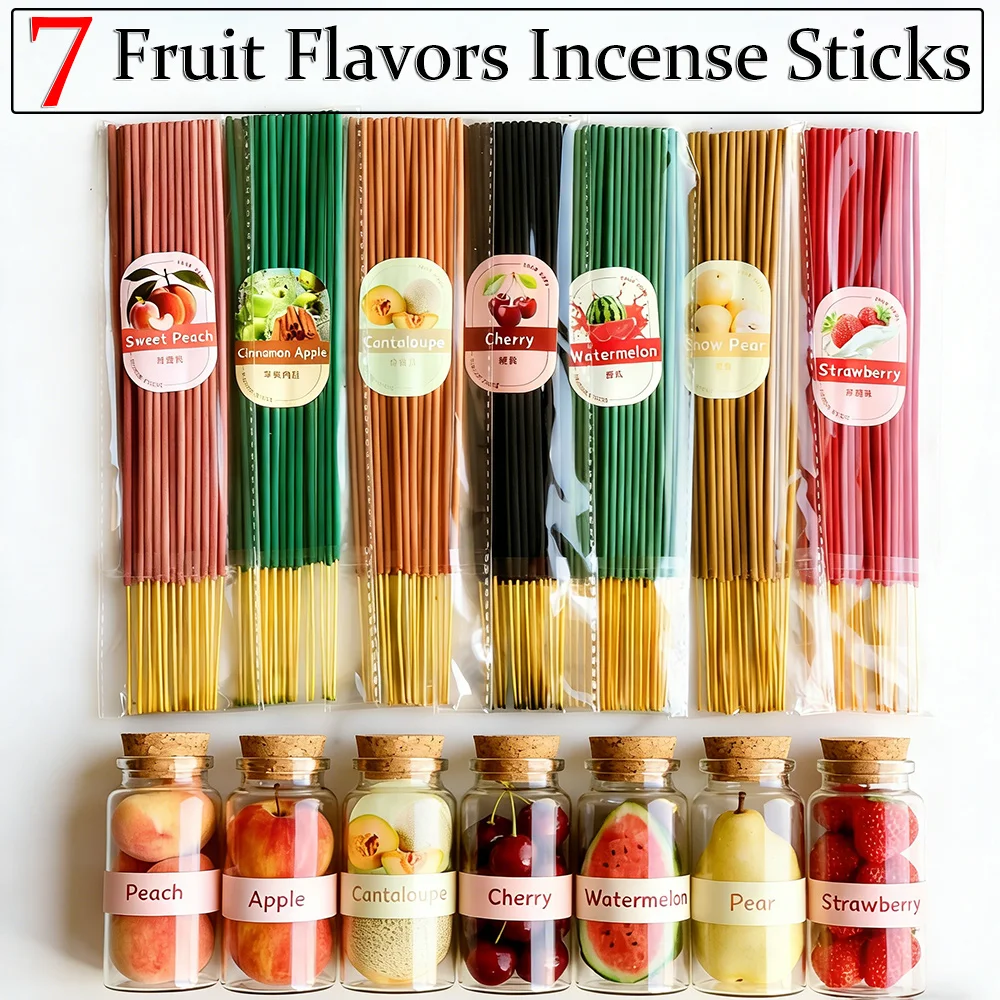 Exquisito Set de Varillas de Incienso de Bambú con Aroma a Frutas, 178/355/700 Varillas de Incienso, 25. Versión extendida de 5 cm, incluye 7 sabores como melocotón, manzana, cantalupo, cereza, sandía, pera de nieve, fresa, etc. Con fragancia duradera, adecuado para el hogar, la oficina, el yoga y la meditación