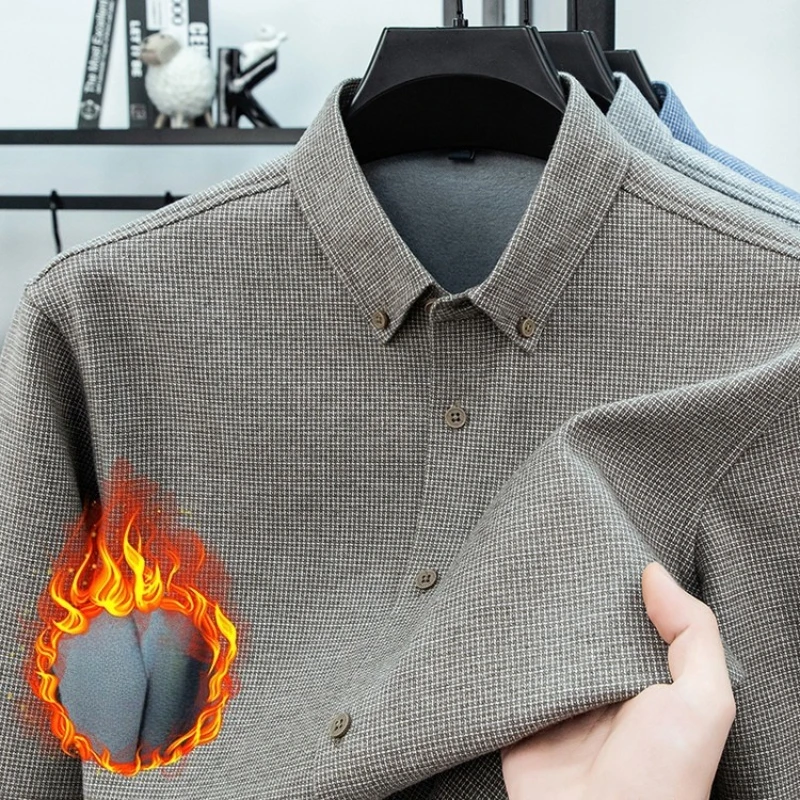 Men's Wool Blend Fleece-Lined Shirt, Solid Color  New, Bestseller Ranking  British Style Fine Grid Keep WarmYY186