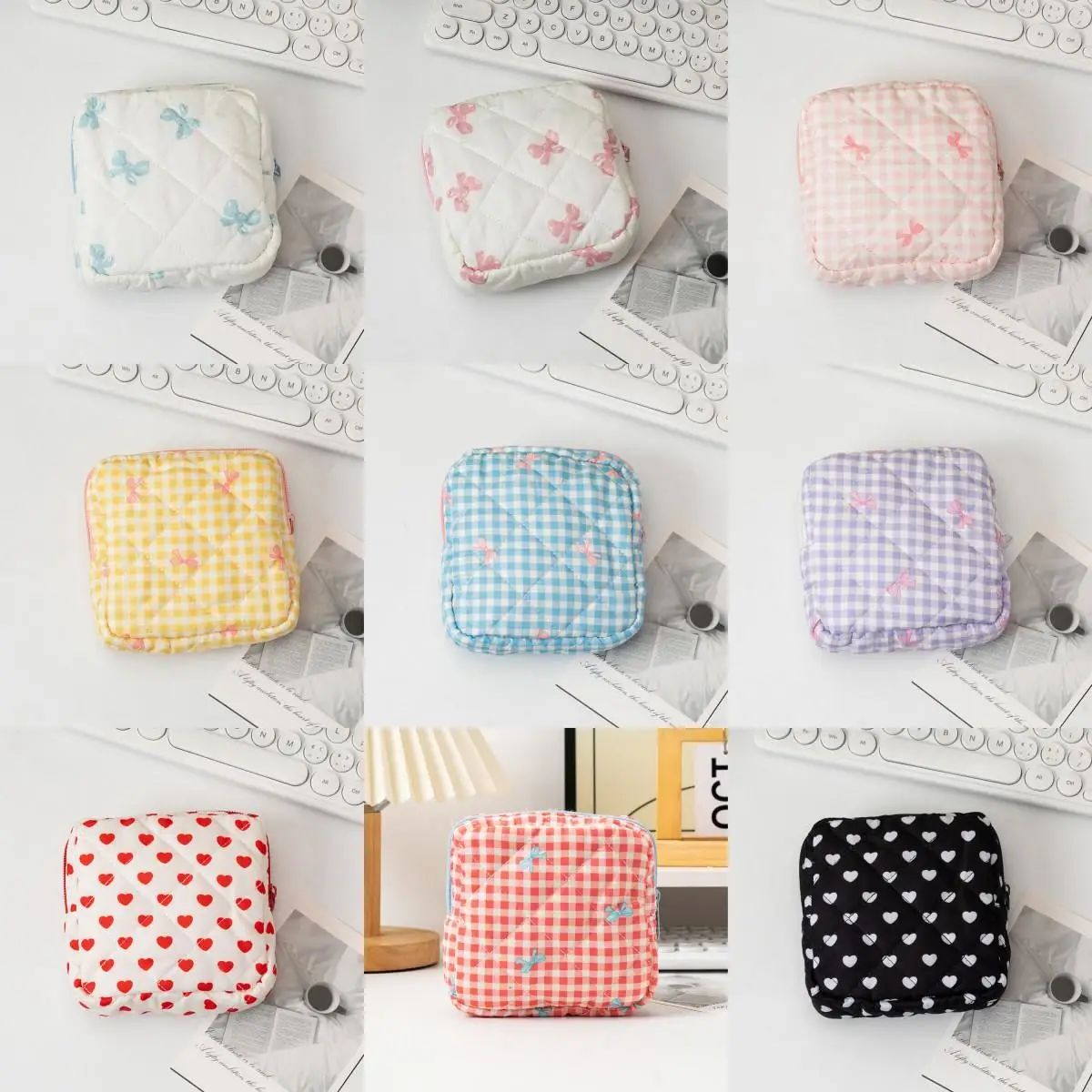 Classic Heart Bow Pattern Coquette Makeup Bag Travel Cotton Quilted Cosmetic Bag Puffy Cosmetics Storage Bag