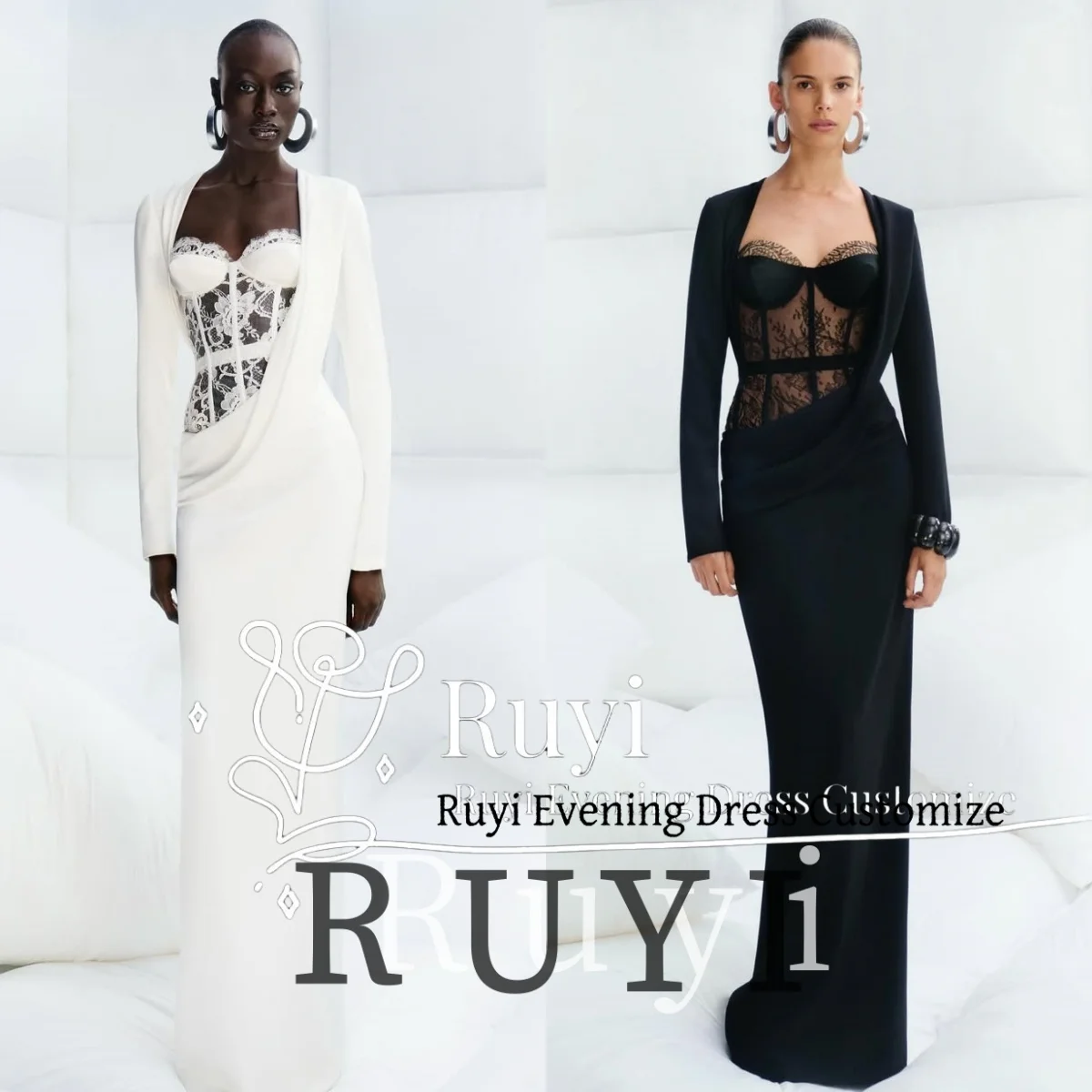 تخصيص الحبيب خط العنق الدانتيل انظر من خلال فساتين السهرة حورية البحر طويلة الأكمام أنيقة فستان الحفلة الراقصة للمناسبات الخاصة