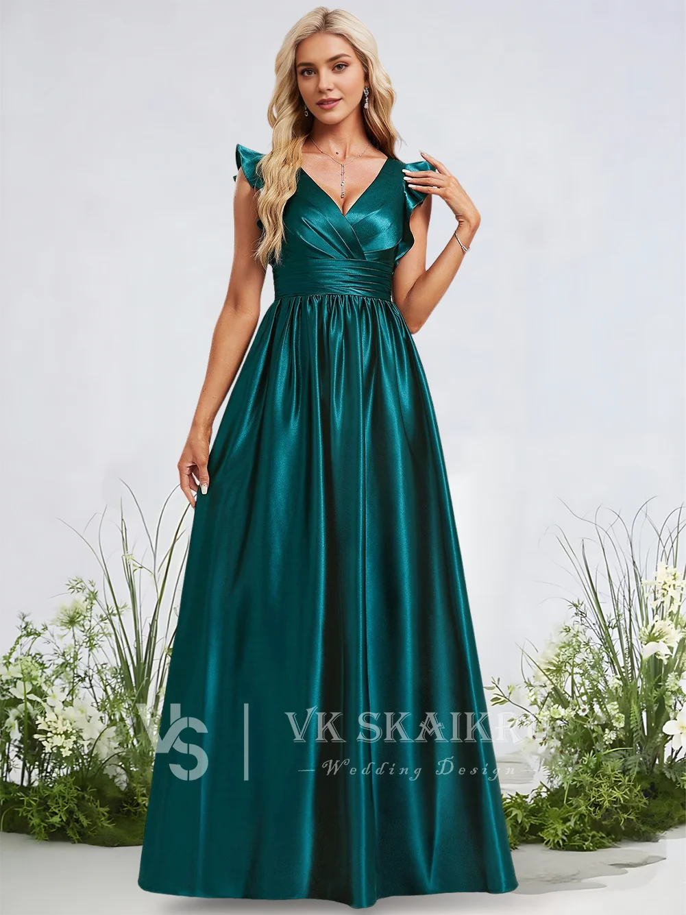 

A Elegant Stretch Satin A-Line Bridesmaid Dresses V-Neck Floor-Length Sleeveless With Ruffle Wedding Guest Cocktail Party Gowns