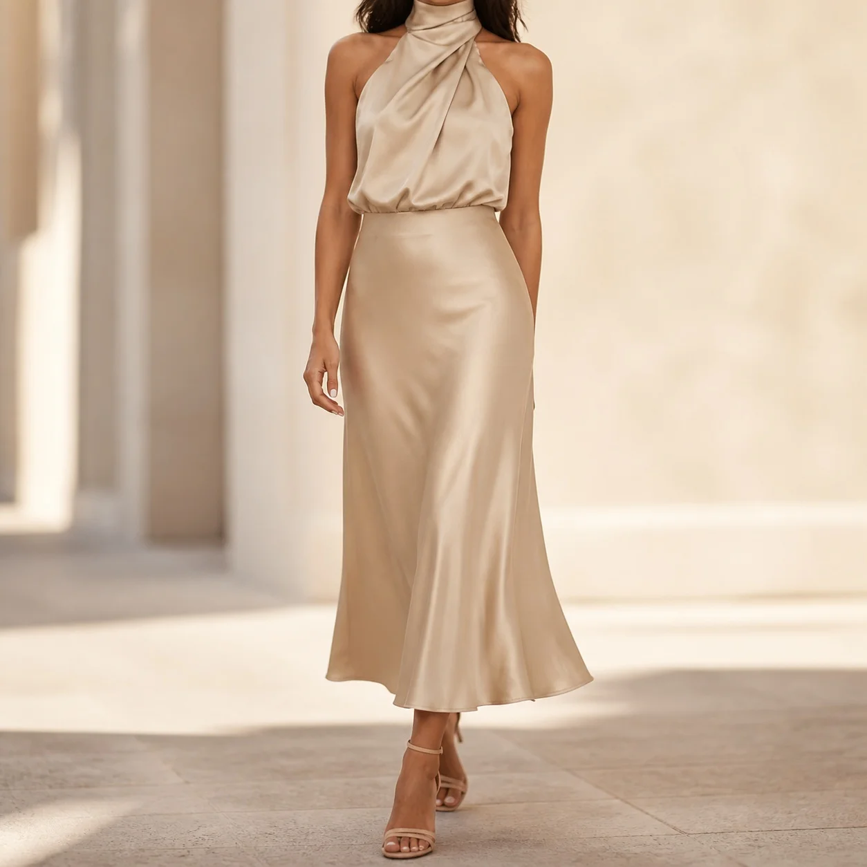 Women's Elegant Sleeveless Satin Midi Dress for Wedding Guest Summer Party Prom Wedding Party Guest Wedding Party For Wedding