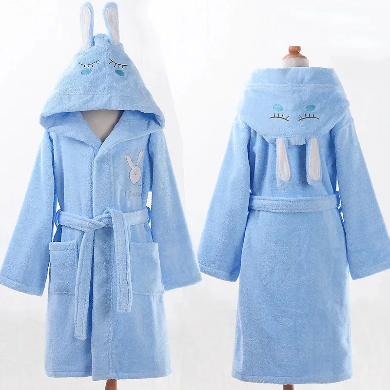 100% Cotton Children Hooded Bathrobe Cartoon Rabbit Cute Soft Warm Solid Belted Robes for Kids