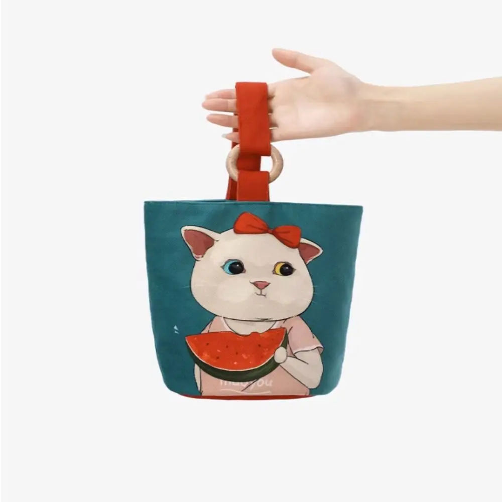 

Large Capacity Cartoon Graffiti Bucket Bag Korean Style Eat Watermelon Cat Canvas Handbag Tote Bag Handbag Mummy Bag