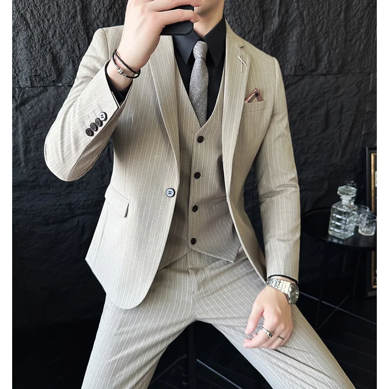 2-G3 Light mature Korean style slim striped suit for men, handsome and advanced ting, simple groom dress three-piece suit for me