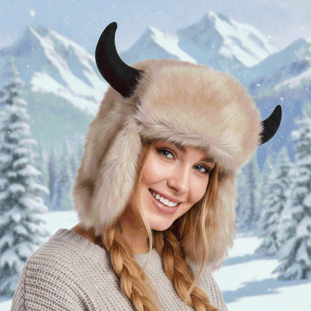 Mink Texture Faux Fur Hat Windproof Fabric Thickened Lining Ear Flap Headwear Soft Touch Unisex Style Bull Horns Bonnet
